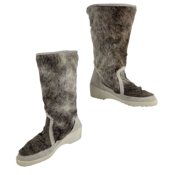 Winter Boots Sherpa Lined Rubber Sole Leather Reindeer Fur Calf Height Sz 7.5 - Picture 1 of 12
